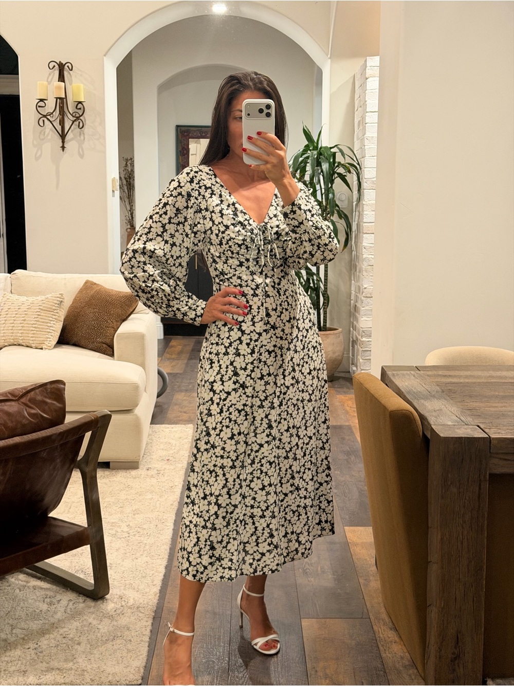 Rebecca Taylor Black and Cream Floral Midi Dress